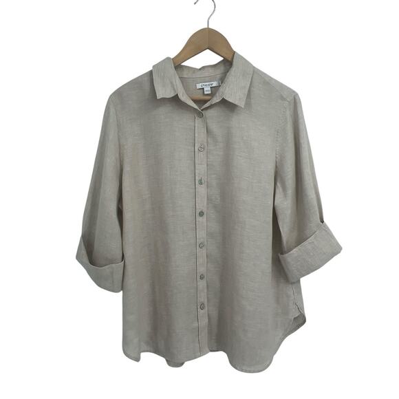 Chicos Taupe 3/4 Sleeve Linenbitton Down Collared Shirt Size 12 (2) - Picture 1 of 4